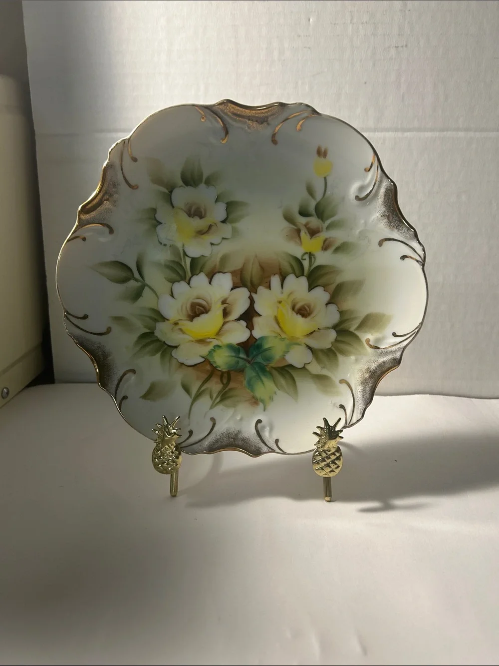 Decorative White and Yellow Floral Porcelain PlateVintage hand painted plate